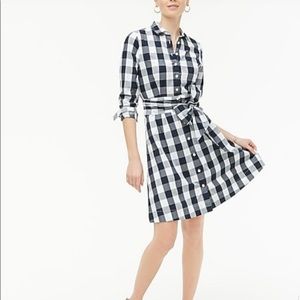 J Crew Tie Waist Poplin Shirtdress Navy White Gingham 4 Preppy Dress Long Sleeve